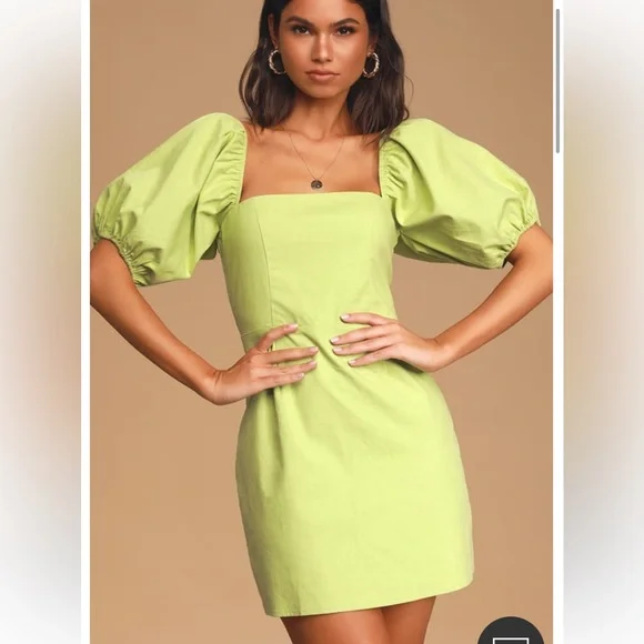Dresses | Lulus Lime Green Puff Sleeved Mini Dress Worn Once Large |  Poshmark